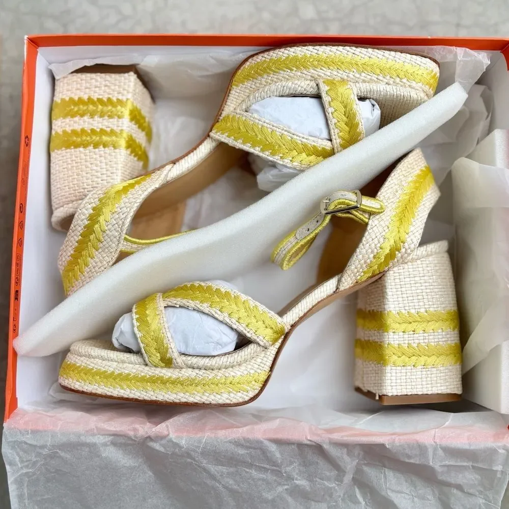 Castaner Vega Heels Heeled Sandals Shoes Raffia Embroidered Tan Green NIB 41